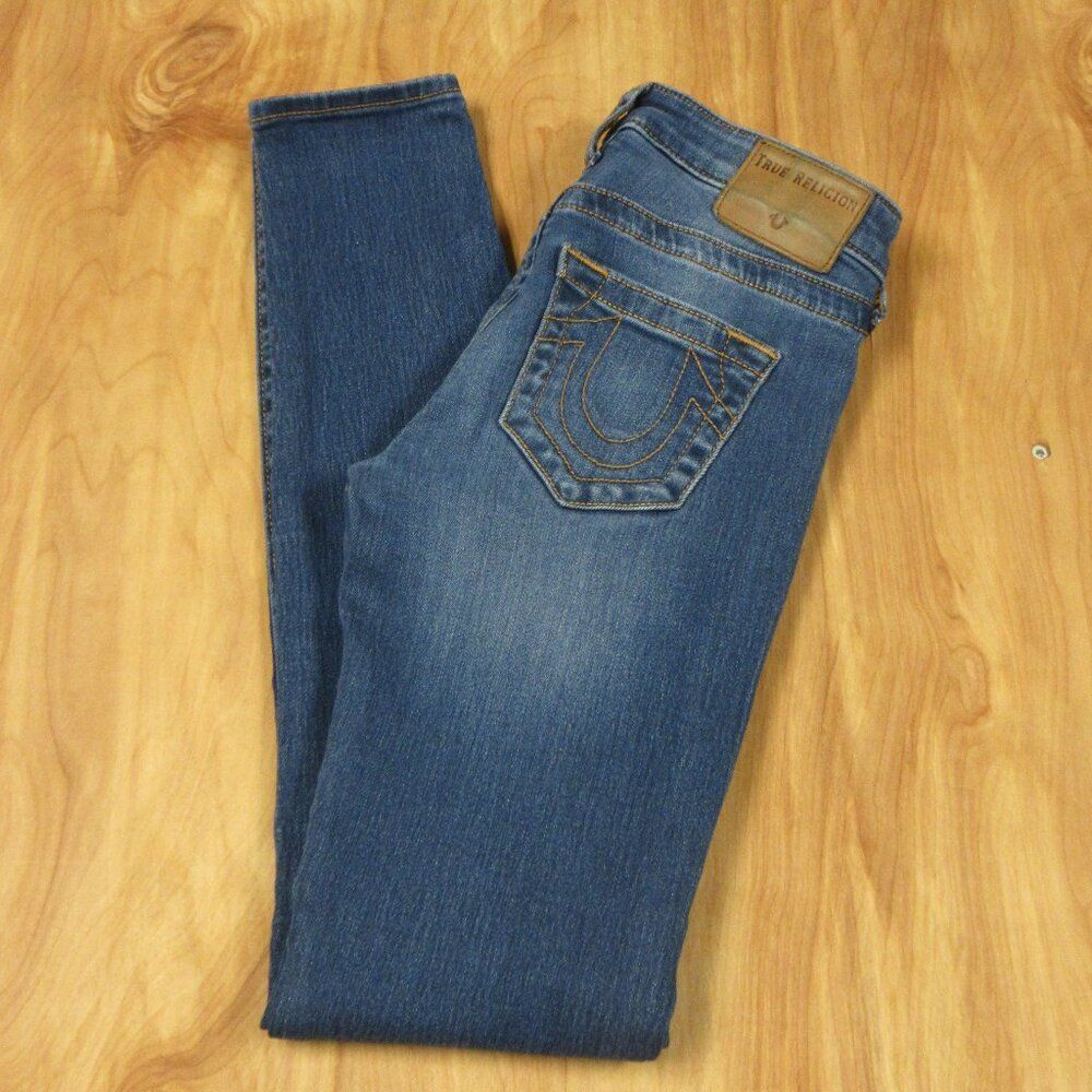 TRUE RELIGION Halle Mid Rise Super Skinny Jeans‎ Womens Sz 24 Blue Stretch Denim